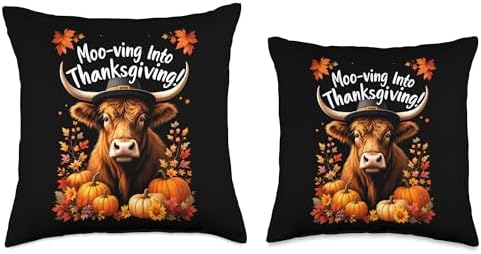 Moo-ving Into Thanksgiving Highland Cow Throw Pillow - Image 3