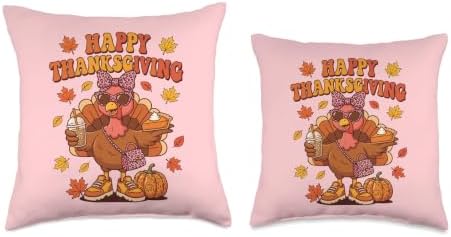 Turkey Holding Pie & ice Coffee Fall Thanksgiving Women Girl Throw Pillow - Image 3