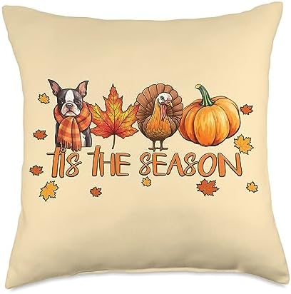 Tis The Season Boston Terrier Dog Fall Thanksgiving Throw Pillow by Unknown