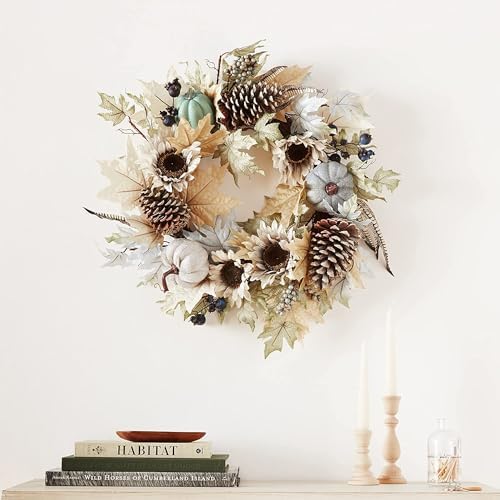 Admired By Nature 24 Inch Artificial Pumpkin Sunflower Fall Wreath Wall Door Farmhouse Decor For Home Office Thanksgiving Harvest Wreaths For Front Door Cemetery Wreaths Indoor Outdoor, Rustic White - Image 3