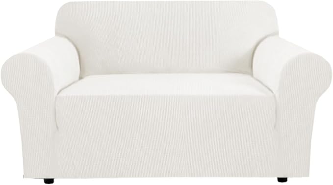 H.VERSAILTEX Stretch Couch Cover Loveseat Covers for 2 Cushion Couch Sofa Slipcover for Love Seat 1 Piece with Elastic Bottom, Checked Jacquard Fabric(Loveseat 58"-70" Wide, Porcelain White)