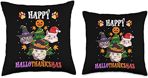 Halloween Thanksgiving Christmas Cats Happy HalloThanksMas Throw Pillow - Image 3