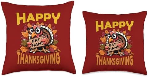 Thankful Holiday Funny Thanksgiving Turkey Outfits Happy Thanksgiving Eat Ham Turkey Fall Funny Men Women Kids Throw Pillow, 16x16, Multicolor - Image 3