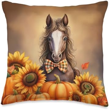 Floral Horse Thanksgiving Pumpkins Sunflowers Gift Throw Pillow by Unknown