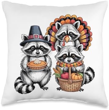 Thanksgiving Raccoon Trio Pilgrim Turkey Harvest Throw Pillow by Unknown