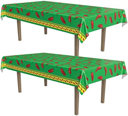 Beistle Chili Pepper Tablecovers, 54” x 108”, 2 Pieces – Plastic Table Cloth, Rectangular Tablecloth, Cinco De Mayo Tablecloth, Fiesta Party Decorations, Cinco De Mayo Decorations,Green/Red/Yellow by Beistle