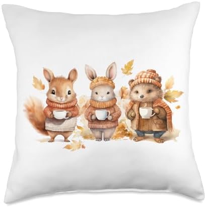 Cozy Autumn Thanksgiving Bunny Squirrel Hedgehog Harvest Throw Pillow by Unknown