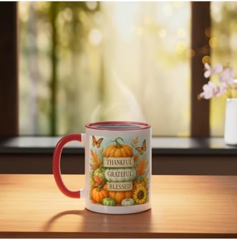 Thankful Grateful Blessed - Fall Pumpkin Family Thanksgiving Ceramic Mug, Red/White, 11oz - Image 3