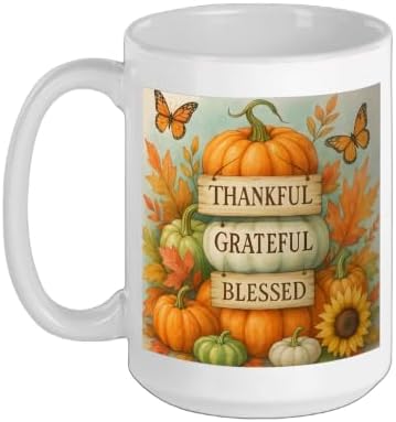 Thankful Grateful Blessed - Fall Pumpkin Family Thanksgiving Ceramic Mug, White, 15oz by Unknown