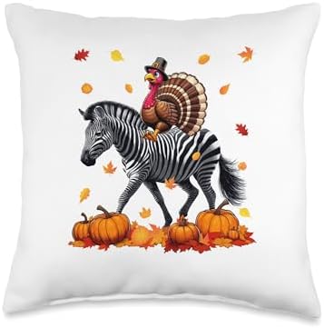 Turkey Riding Zebra Thanksgiving Fall Leaves Pumpkins Throw Pillow by Unknown
