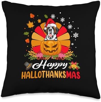 St Bernard Hallothanksmas Halloween Thanksgiving Christmas Throw Pillow by Unknown