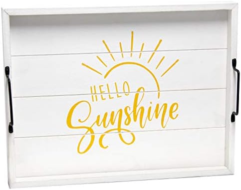 Elegant Designs HG2000-WHS Yellow Sun Decorative Wood Serving Tray w/Handles,15.50" x 12", White Wash Hello Sunshine by ElegantDesigns