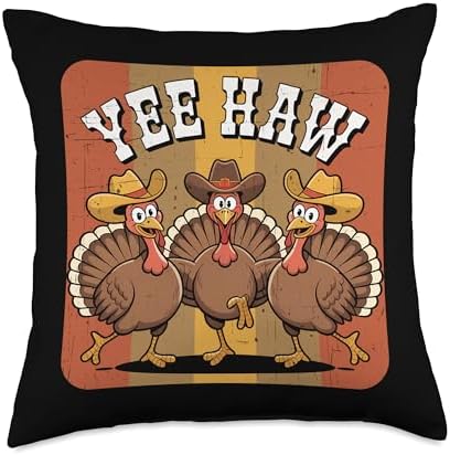 Retro Turkey Cowboy Thanksgiving Day Rodeo Western Cowgirl Throw Pillow by Unknown