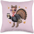 Lady Turkey Leopard Cokette Bow Drinking Coffee Thanksgiving Throw Pillow by Unknown