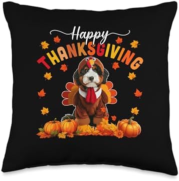 Happy Thanksgiving Bernedoodle Cosplay Fall Turkey Owner Throw Pillow by Unknown