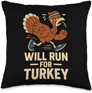 Funny Thanksgiving Trot Run Race 5K 10K Cartoon Turkey Throw Pillow by Unknown