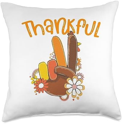 thanksgiving Peace Hand Sign Thankful Turkey Throw Pillow, 18x18, Multicolor by Unknown