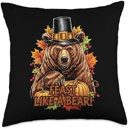 Thanksgiving Brown Bear Grizzly Pilgrim Feast Like A Bear Throw Pillow by Unknown