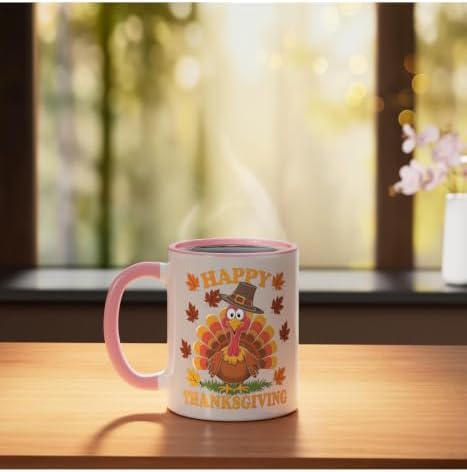 Happy Thanksgiving Funny Turkey Family Dinner Thanksgiving Ceramic Mug, Pink/White, 11oz - Image 3