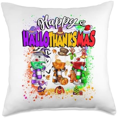 Happy Hallothanksmas Glass Halloween Thanksgiving Christmas Throw Pillow by Unknown