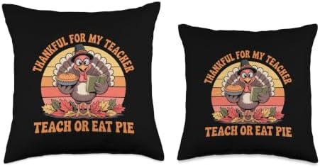 Retro Vintage Teacher Thanksgiving Teach or Eat Pie Turkey Throw Pillow - Image 3