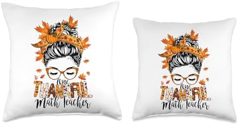 One Thankful Math Teacher Messy Bun Autumn Fall Thanksgiving Throw Pillow - Image 3