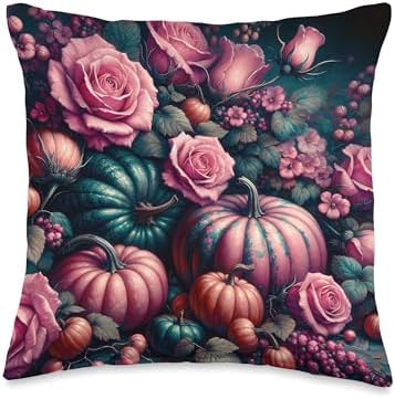 Vintage Pink Flowers Pumpkin Autumn Thanksgiving Girl Women Throw Pillow by Unknown