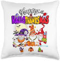 Happy Hallothanksmas Gnomes Halloween Thanksgiving Christmas Throw Pillow by Unknown
