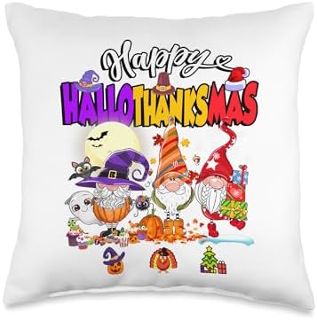Happy Hallothanksmas Gnomes Halloween Thanksgiving Christmas Throw Pillow by Unknown