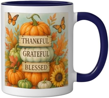 Thankful Grateful Blessed - Fall Pumpkin Family Thanksgiving Ceramic Mug, Dark Blue/White, 11oz - Image 2