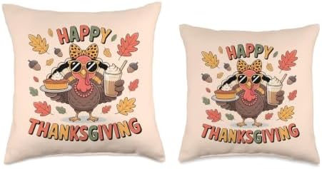 Cute Turkey Drinking iced Coffee Thanksgiving Bow Women Girl Throw Pillow - Image 3