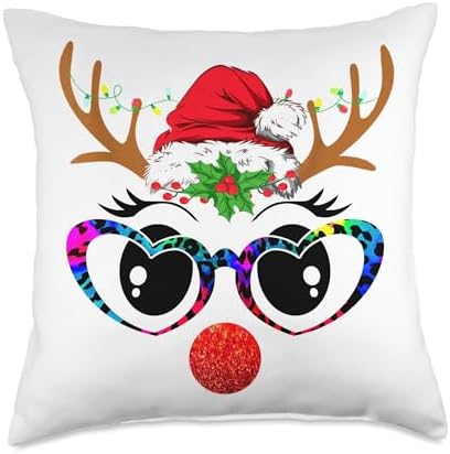 Family Happy Hallothanksmas Thanksgiving Christmas Funny Reindeer Face Glasses Leopard Tie Dye Christmas Lights Throw Pillow, 18x18, Multicolor by Unknown