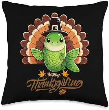 Funny Green Neon Tetra Fish with Turkey Feather Thanksgiving Throw Pillow by Unknown