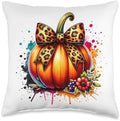 Thanksgiving Pumpkin Leopard Coquette Bow Halloween Throw Pillow by Unknown