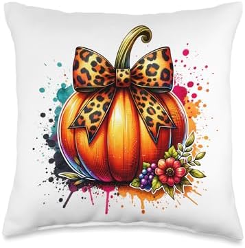 Thanksgiving Pumpkin Leopard Coquette Bow Halloween Throw Pillow by Unknown