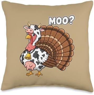 Funny Thanksgiving Turkey Wearing Cow Costume Moo Pun Farm Throw Pillow by Unknown