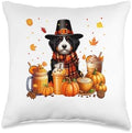 Bernedoodle Thanksgiving Drinks Coffee Fall Leaves Pumpkins Throw Pillow by Unknown