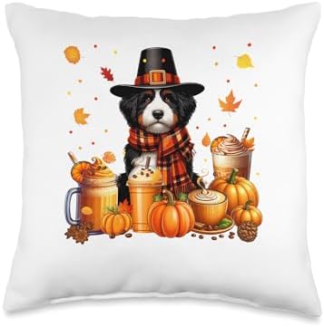 Bernedoodle Thanksgiving Drinks Coffee Fall Leaves Pumpkins Throw Pillow by Unknown