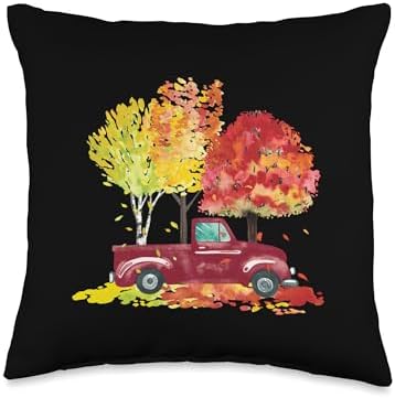 Spot & Tiger Thanksgiving Red Pickup Truck Autumn Color Trees Cute Happy Fall Scene Throw Pillow, 16x16, Multicolor by Unknown