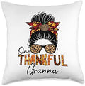 One Thankful Granna Leopard Messy Bun Pumpkin Thanksgiving Throw Pillow by Unknown