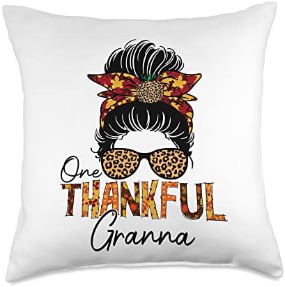 One Thankful Granna Leopard Messy Bun Pumpkin Thanksgiving Throw Pillow by Unknown