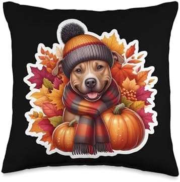 Autumn Fall Pit Bull Dog Owner Thanksgiving Mom Dad Pumpkin Throw Pillow by Unknown