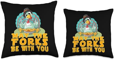 Cute Thanksgiving Turkey May The Forks Be with You Throw Pillow - Image 3