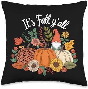 Fall Yall Thanksgiving Sunflower Gnome Funny Leopard Pumpkin Throw Pillow by Unknown