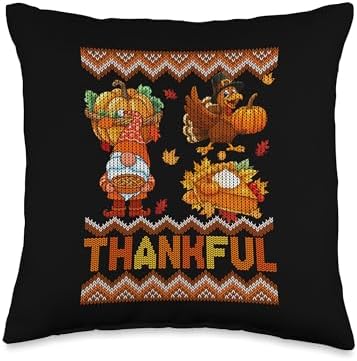 Thankful Thanksgiving Cute Gnome Pumpkin Pie Turkey Sweater Throw Pillow by Unknown