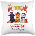 Halloween Thanksgiving Christmas Happy HalloThanksMas Cats Throw Pillow by Unknown