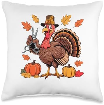 Hair Stylist Job Thanksgiving Turkey Fall Leaves Pumpkins Throw Pillow by Unknown