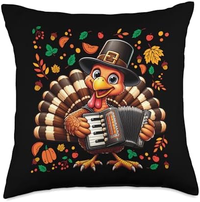 Funny Thanksgiving Turkey with Pilgrim Hat Playing Accordion Throw Pillow by Unknown