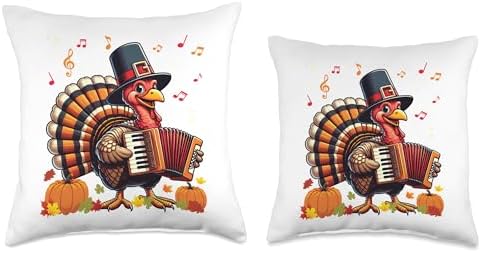 Funny Thanksgiving Turkey with Pilgrim Hat Playing Accordion Throw Pillow - Image 3