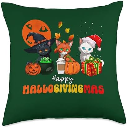 Three Holidays HalloGivingMas Men, Women, Kids HalloGivingMas Halloween, Thanksgiving, Christmas Cat Throw Pillow, 18x18, Multicolor by Unknown